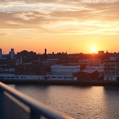 Sunset over industrial city skyline by river
