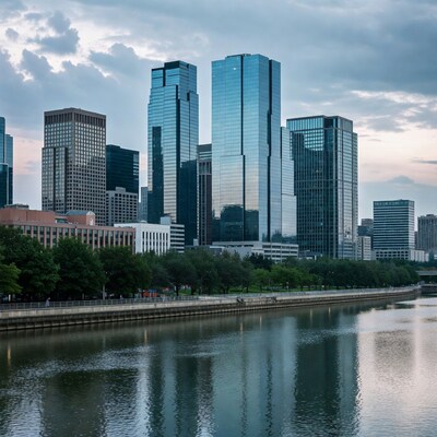 Skyscrapers reflecting in river at sunset
