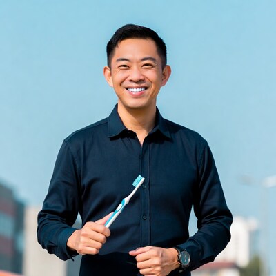 Asian man smiling with toothbrush