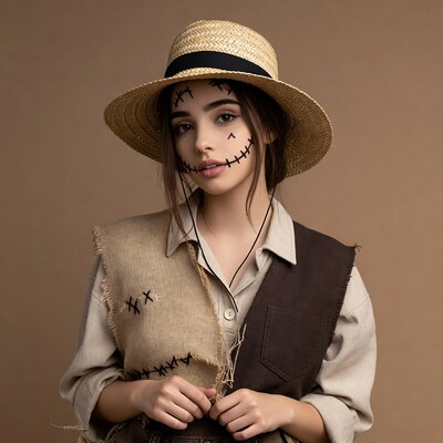 Girl in scarecrow costume with straw hat