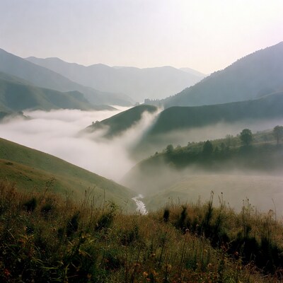 Mountains with Fog and Green Hills