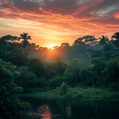 Sunset over tropical jungle river