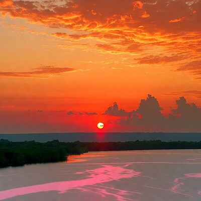 Sunset over river with orange sky