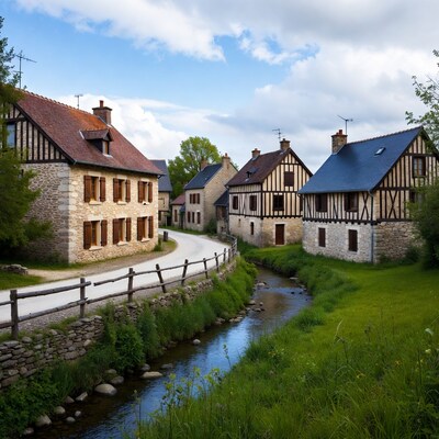 Half-timbered houses along stream
