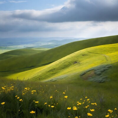 Rolling Green Hills with Yellow Flowers