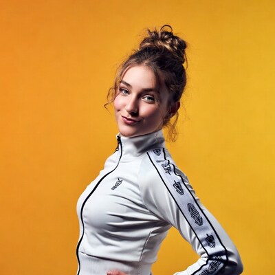 Young woman in white tracksuit on yellow background