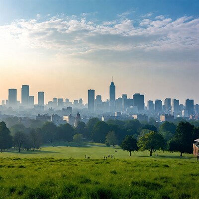 City skyline over green park at dawn