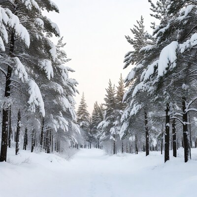 Snowy Path Through Pine Forest