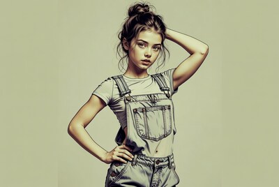 Girl in overalls with messy bun