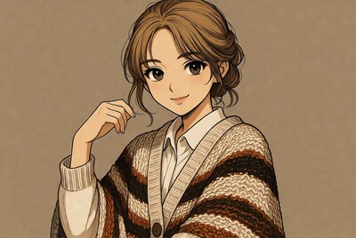 Anime girl in cardigan smiling