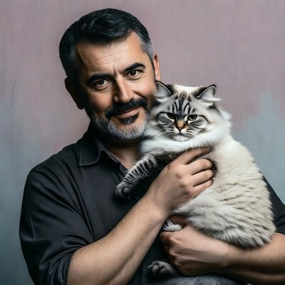 Man holding fluffy Ragdoll cat