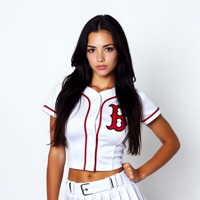 Latina woman in Red Sox cheerleader uniform