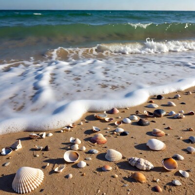 Seashells on beach with waves