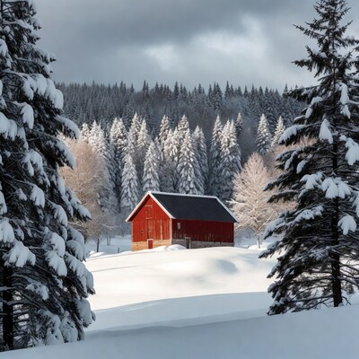 Red Barn in Snowy Forest
