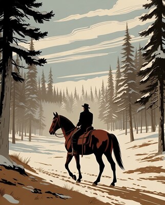 Cowboy riding horse in snowy forest