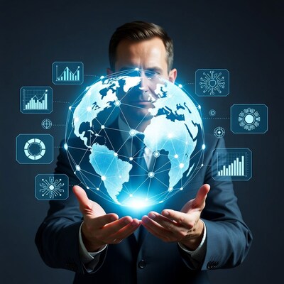 Man holding holographic globe