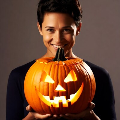 Woman holding lit jack-o-lantern