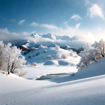 Snowy Mountains with Frosted Trees