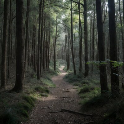 Forest Path Through Tall Trees
