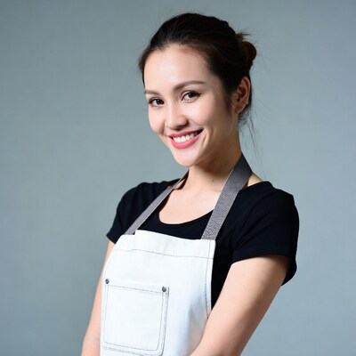 Asian woman wearing white apron