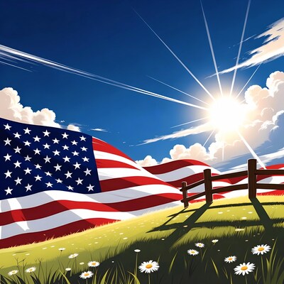 American Flag Over Grassy Hill