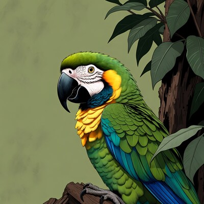 Colorful Hyacinth Macaw on Tree Branch