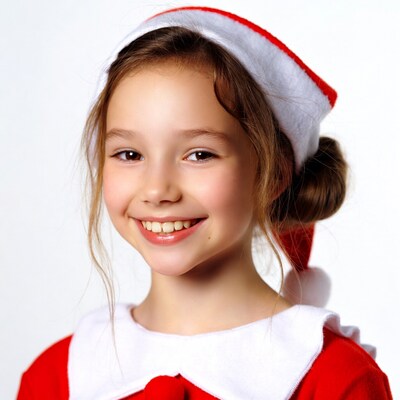 Girl smiling in Santa hat and dress