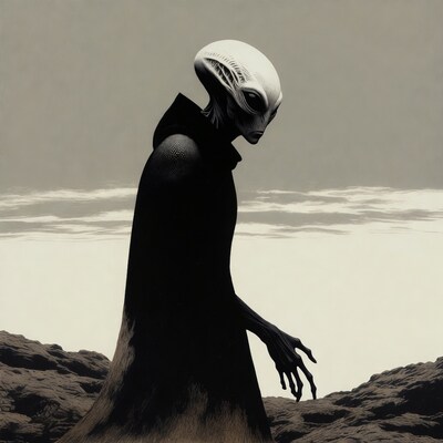 Alien in black cloak on rocks
