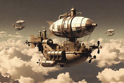 Steampunk Airships Flying in Clouds
