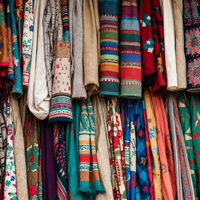Colorful hanging scarves and fabrics