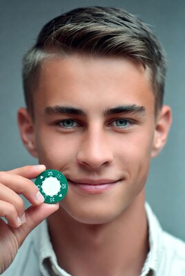 Young man holding green poker chip