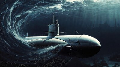 Submarine in turbulent ocean depths