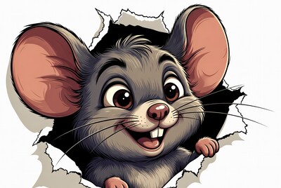 Cute mouse peeking through torn paper