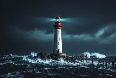 Lighthouse beaming in stormy ocean waves
