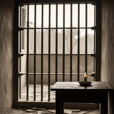 Candle on table by prison window