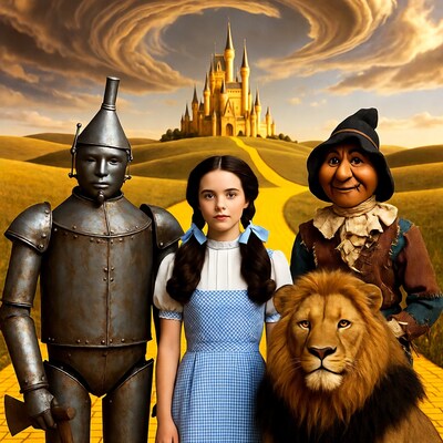 Dorothy with Tin Man Scarecrow Lion