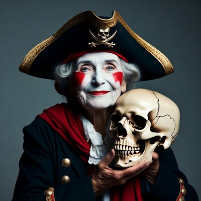 Elderly woman pirate holding skull