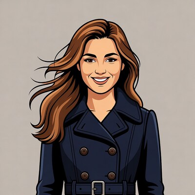 Smiling woman in navy trench coat