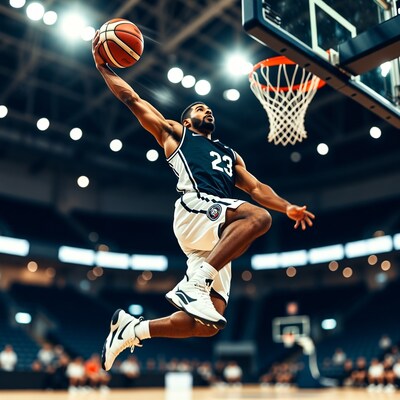 Black man dunking basketball