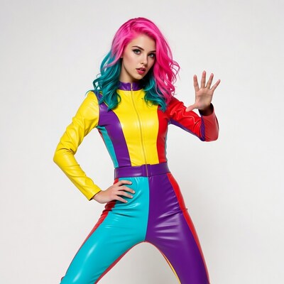 Woman in colorful leather jumpsuit posing
