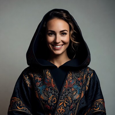 Woman smiling in embroidered hooded robe