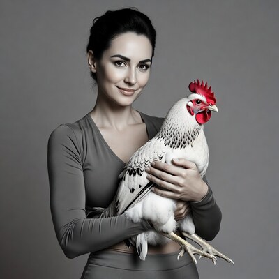 Woman holding white rooster
