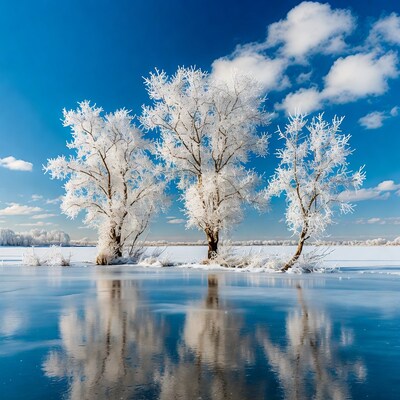 Frosty Trees Reflected in Frozen Lake
