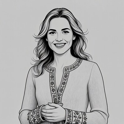 Smiling blonde woman in embroidered sweater