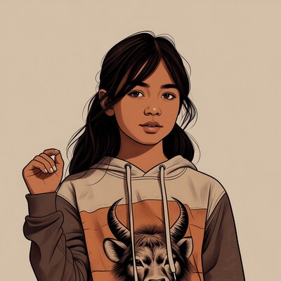 Asian girl in yak hoodie illustration