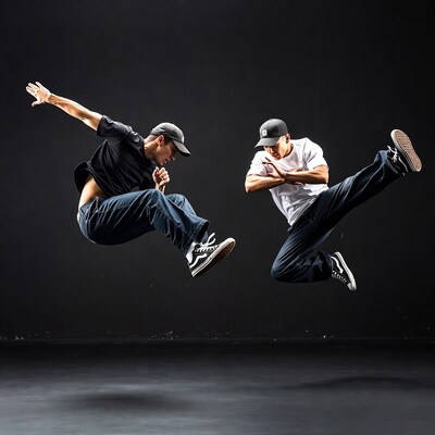 Two men jumping in hip hop dance