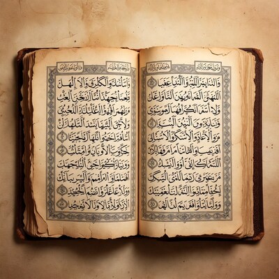 Open Quran on vintage wooden surface