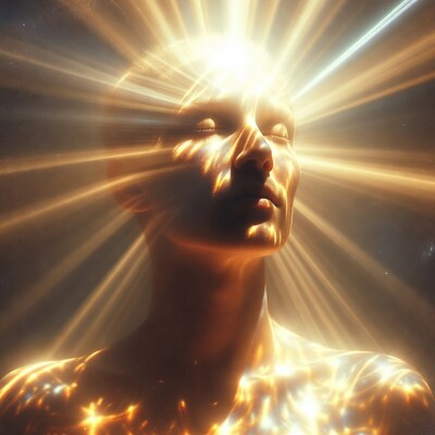 Woman's face in radiant golden light beams