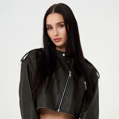 Woman in cropped leather jacket