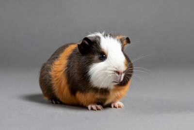 Cute tricolor guinea pig on gray background